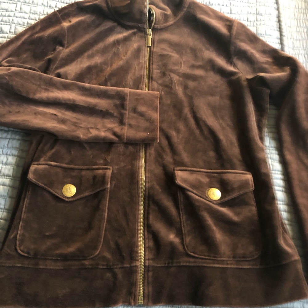 LAUREN by Ralph Lauren Brown Velvet Zip-Up Jacket, cardigan fleece